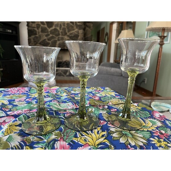 Set of 3 Vintage Partylite Clear Glass Votives Avocado Green Stem Candle Holders - Picture 2 of 6